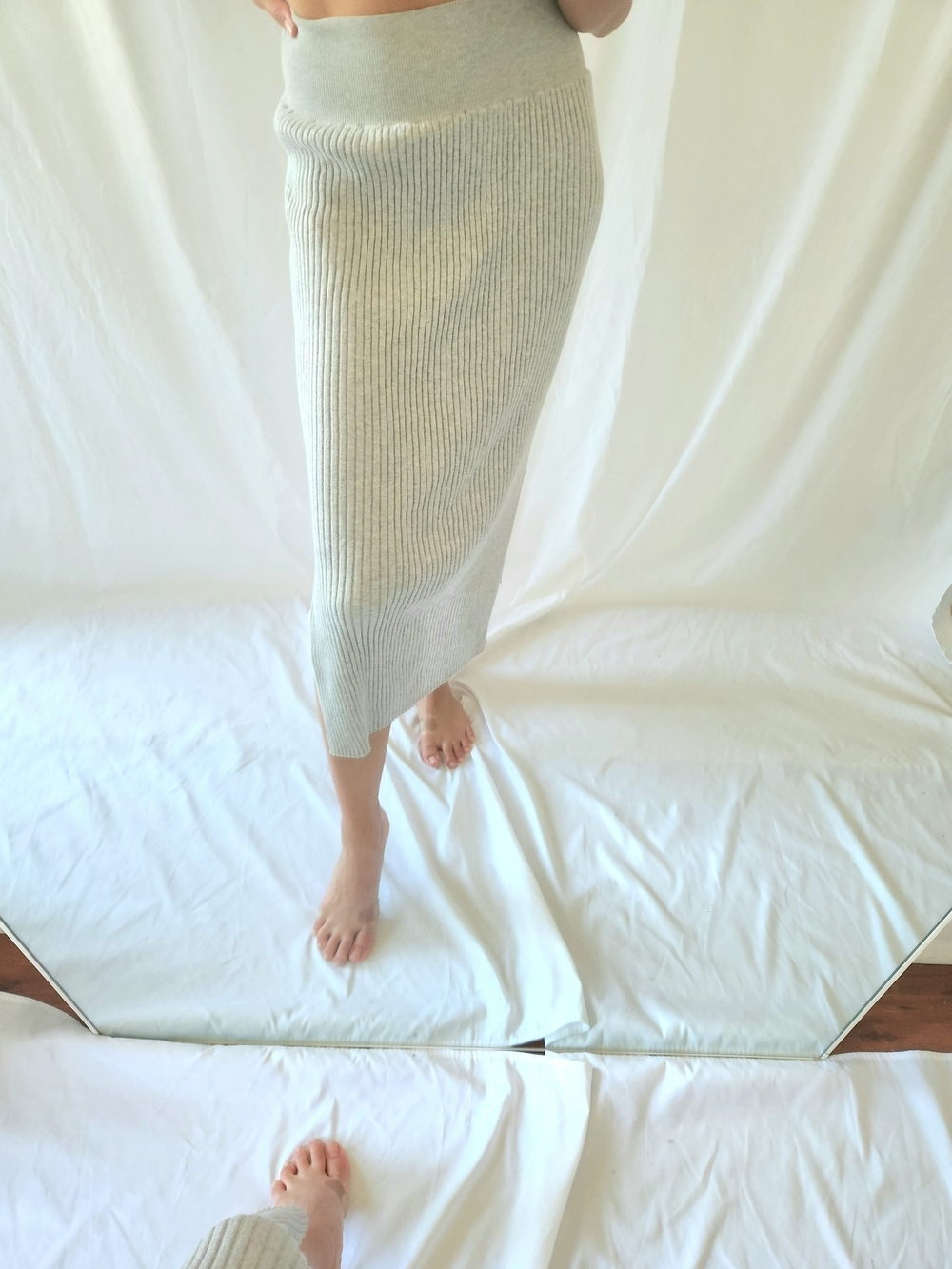 NakedCashmere Ribbed Midi Skirt in Light Gray